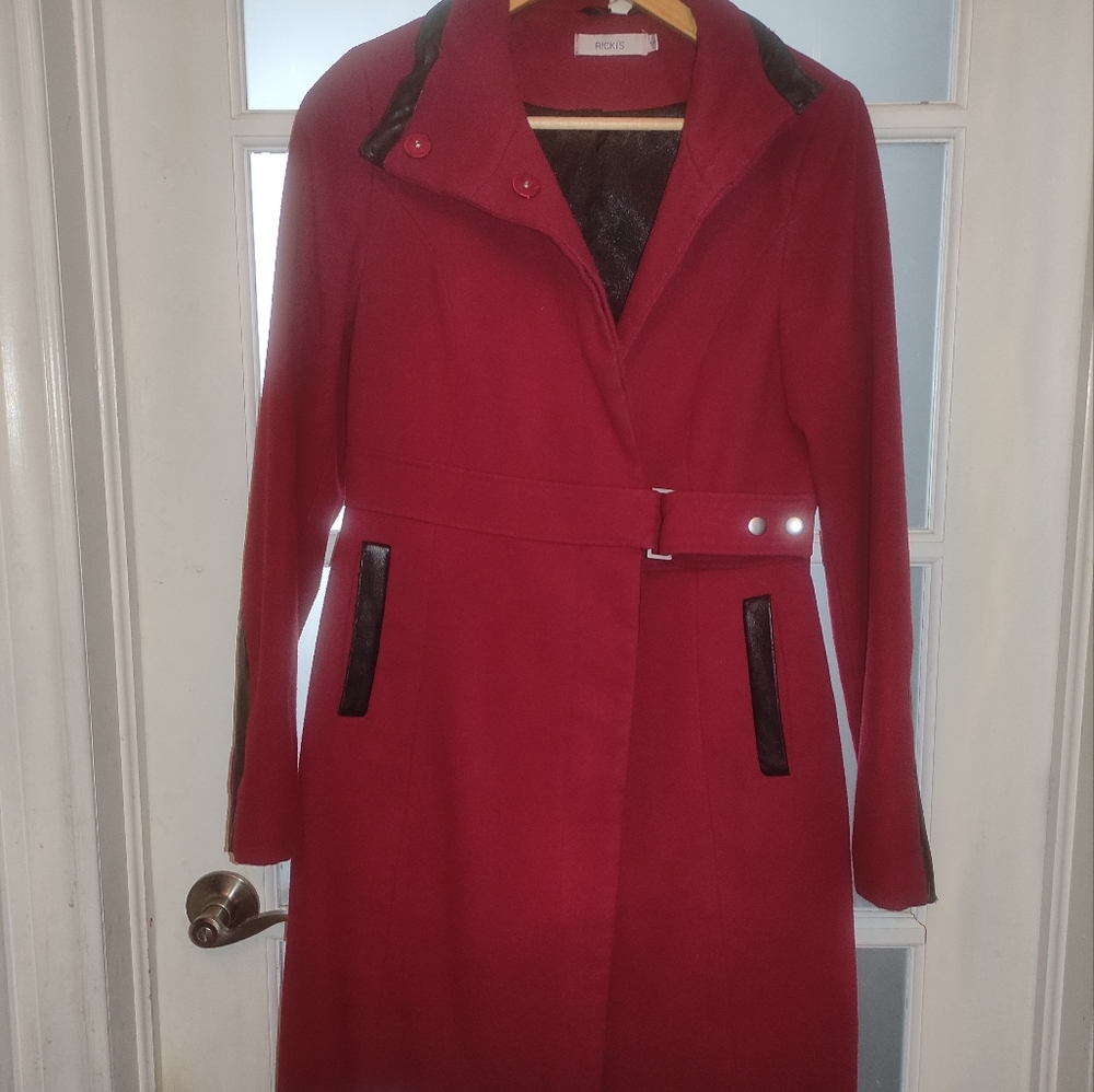 Red coat with leather details